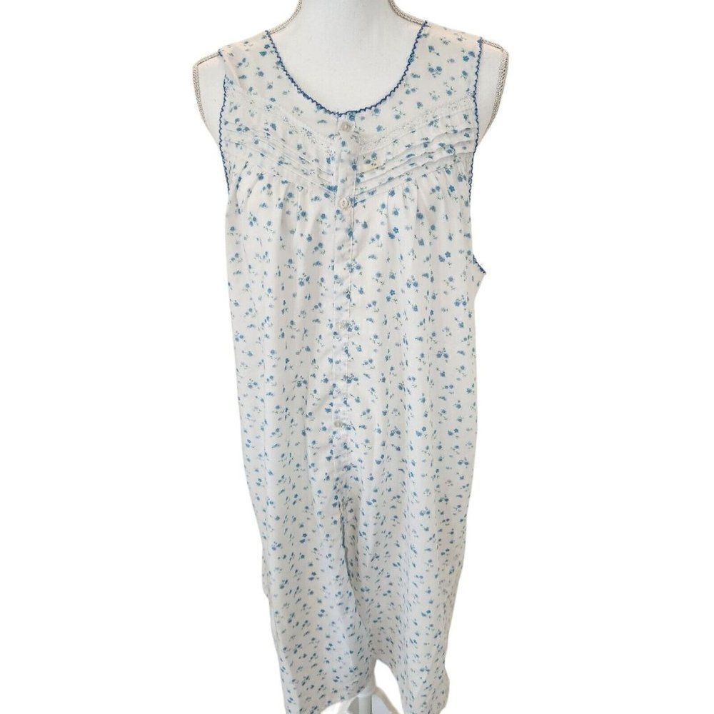 Vintage 90s Jasmine Long White Blue Floral Long Nightgown XL Country Cottage